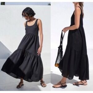 AYR The Magic Hour Black Textured Tiered Maxi Dress Boho Minimalist Coastal XL